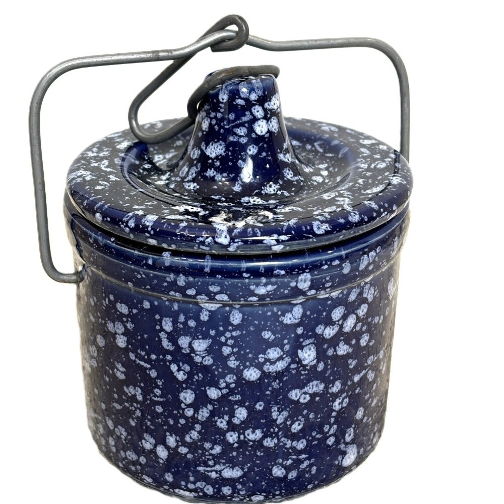 * Stoneware Cheese Butter Crock Jar wire Bail Lid Speckled Cobalt Blue Vintage